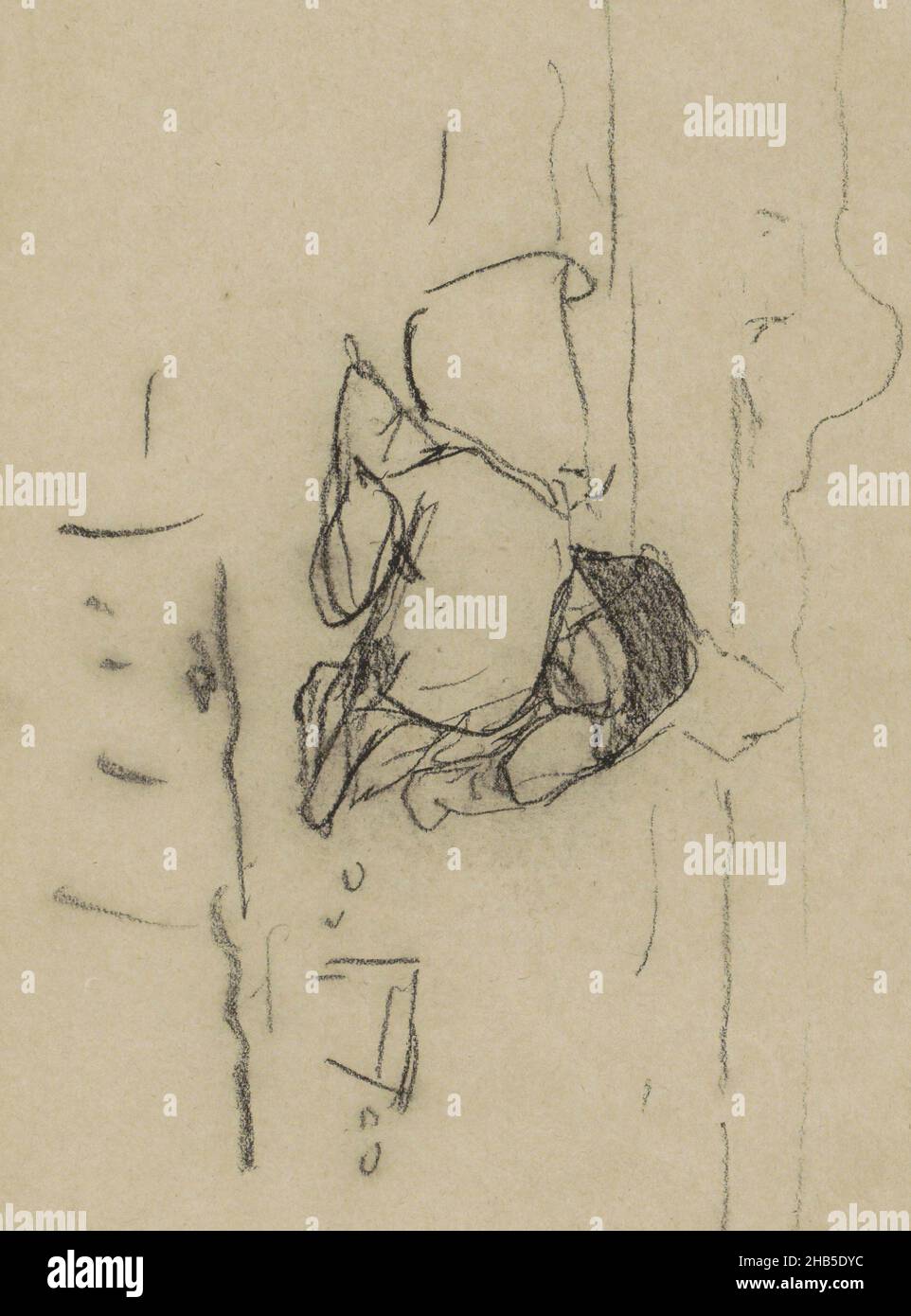 Neben ihr ein Eimer und ein Korb oder eine Wanne. Möglicherweise hält sie eine Tasche in der Hand. Seite 12 aus einem Skizzenbuch mit 28 Seiten, Frau in Kostüm, möglicherweise auf einem Feld sitzend., Zeichner: Willem Witsen, Ede, 1893 - 1897, Willem Witsen, 1893 - 1897 Stockfoto