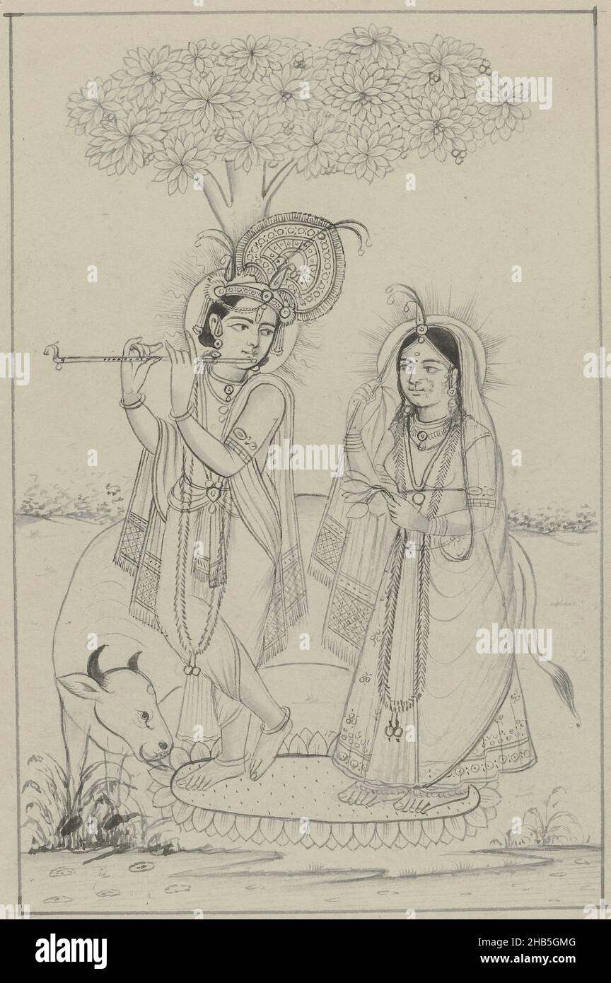 Krishna spielt eine Flöte, und Radha, Krishna und Radha stehen zusammen auf einem Lotusteppich bei einem Baum, Krishna spielt seine Flöte und blickt zurück auf Radha, die ihn schüchtern hinter ihrem Schleier beobachtet; eine Kuh leckt Krishna die Füße, Zeichner: Anonymous, Jaipur, 1800 - 1899, Papier, Pinsel, Höhe 30 cm × Breite 42,5 cmHöhe 130 mm × Breite 85 mm Stockfoto Krishna spielt eine Flöte, und Radha, Krishna und Radha stehen zusammen auf einem Lotusteppich bei einem Baum, Krishna spielt seine Flöte und blickt zurück auf Radha, die ihn schüchtern hinter ihrem Schleier beobachtet; eine Kuh leckt Krishna die Füße, Zeichner: Anonymous, Jaipur, 1800 - 1899, Papier, Pinsel, Höhe 30 cm × Breite 42,5 cmHöhe 130 mm × Breite 85 mm Stockfoto