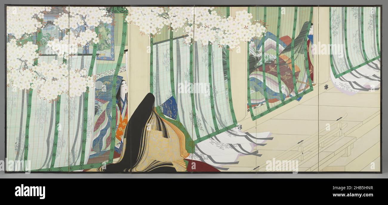 Faltwand der Bamboo River, der Bamboo River, linker Bildschirm, Palastvers mit Kirschblütenzweigen, in denen zwei Hofdamen Bambusjalousien zur Seite halten, um mit der Hofdame Tamakazura von hinten auf der Veranda aus zu schauen. Eines von zwei Klappbildschirmen, die eine Szene darstellen, die über die beiden Bildschirme aus der Geschichte von Genji (Genji monogatari), aus Kapitel 44 der Bambusfluss (Takegawa) läuft, in dem Tamakazura Kaoru zwei Roben gibt., Maler: Ogyu Tensen, Tokyo, c. 1915 - c. 1940, Tinte, Farbstoff, Höhe 169,5 cm × Breite 376 cm Stockfoto