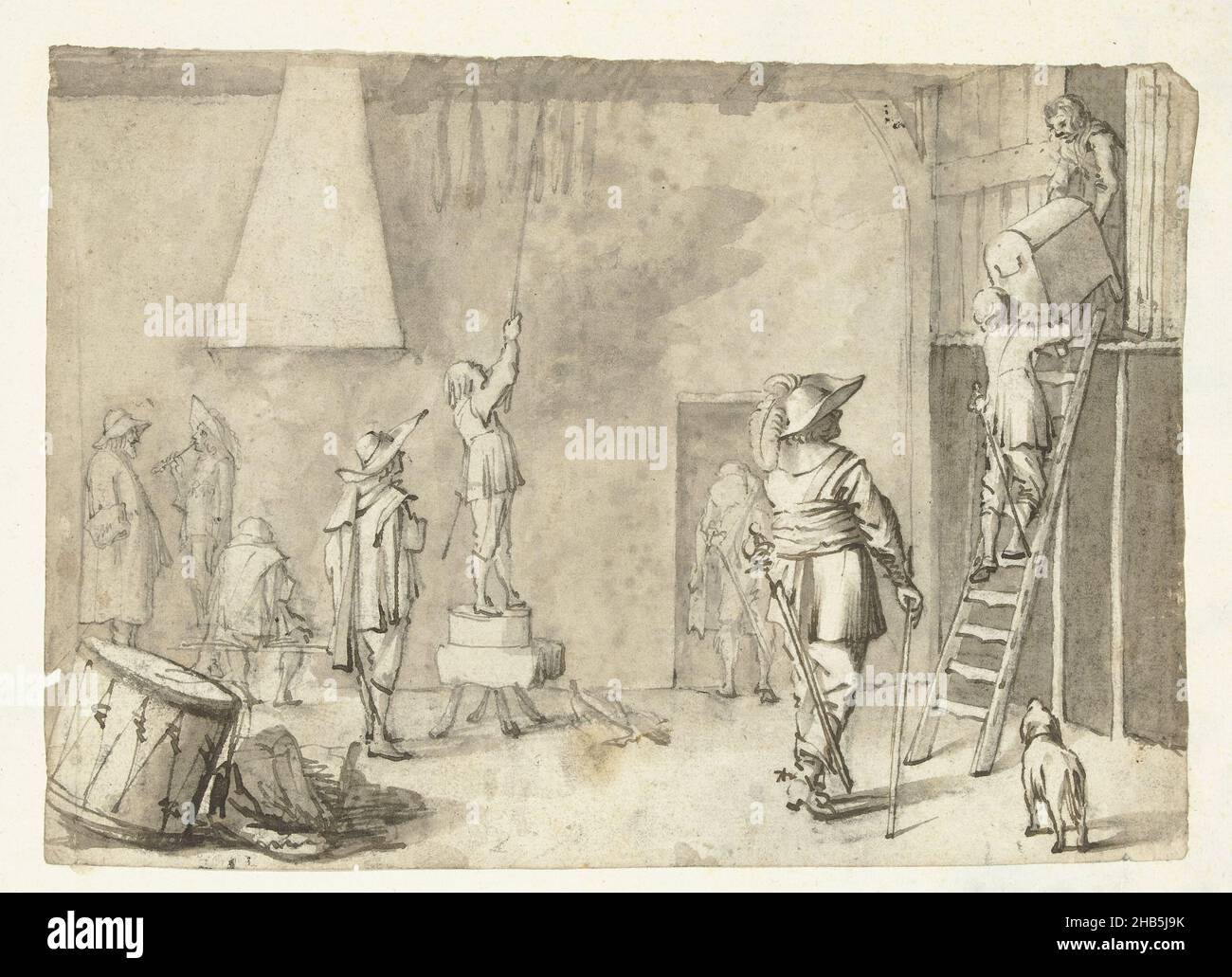 Soldaten in einer Garnison, Zeichner: Gerard ter Borch (I), Zwolle, 22-Okt-1633, Papier, Pinsel, Höhe 243 mm × Breite 360 mm Stockfoto