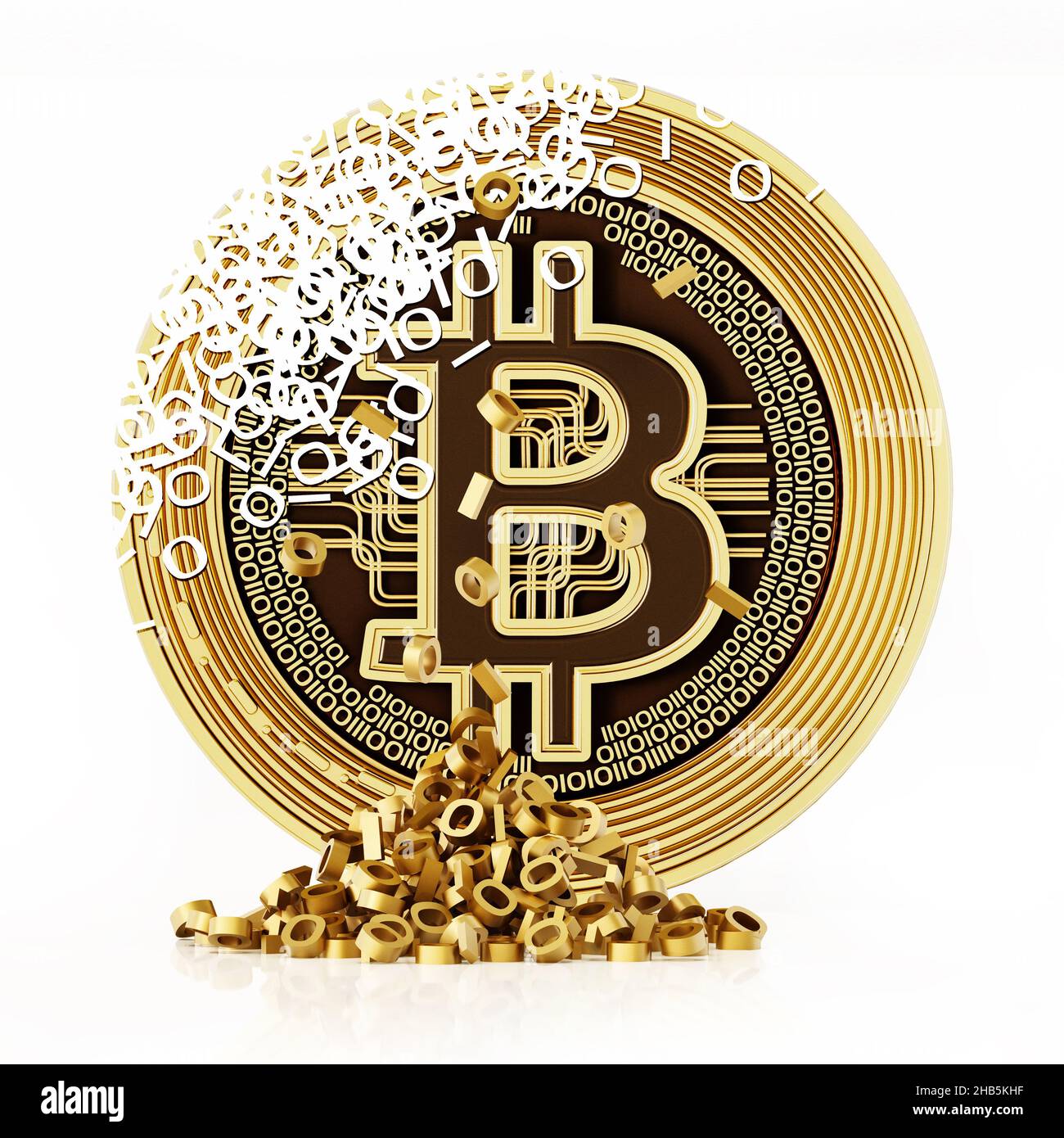 Generische Krypto-Münze mit 1 und 0 Löchern und Stapel von binärem Code auf dem Boden. 3D Abbildung. Stockfoto