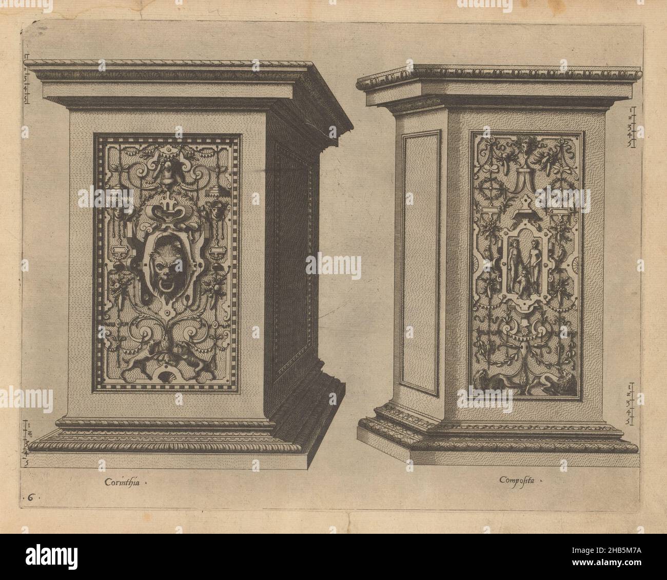 Zwei Pietistals, in the Corinthian and Composite Order, das ander Buech gemacht auff die zway Colonnen, Corinthia und composita (Serientitel), zwei Pietistals. Links ein Piedmontal im korinthischen Orden mit einem Maskaron in einem Rahmen aus Scrollwork, Blattreben und Grotesken. Rechts eine gestückelte Stele des Kompositordens. Darauf eine Kartusche mit einem Mann, einer Frau und einem Kind in einem Rahmen aus Hardware, Blattern von Reben und Girlanden. Unten zwei Löwen. Auf dem Druck befinden sich vier Skalenmarkierungen. Der Druck ist Teil eines Albums., Druckerei: Johannes von Lucas van Doetechum, Hans Vredeman de Vries Stockfoto