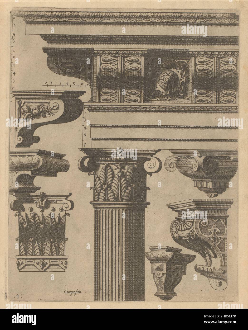 Kompositentablatur und sechs Konsolen, das ander Buech gemacht auff die zway Colonnen, Corinthia und composita (Serientitel), Kompositentablatur. Das Metop im Fries ist mit Rollarbeiten verziert. Dabei die Designs von sechs Konsolen. Der Druck verfügt über vier Skalen. Der Druck ist Teil eines Albums., Druckerei: Johannes von Lucas van Doetechum, Hans Vredeman de Vries, Antwerpen, 1565, Papier, Radierung, Höhe 301 mm × Breite 235 mm Stockfoto