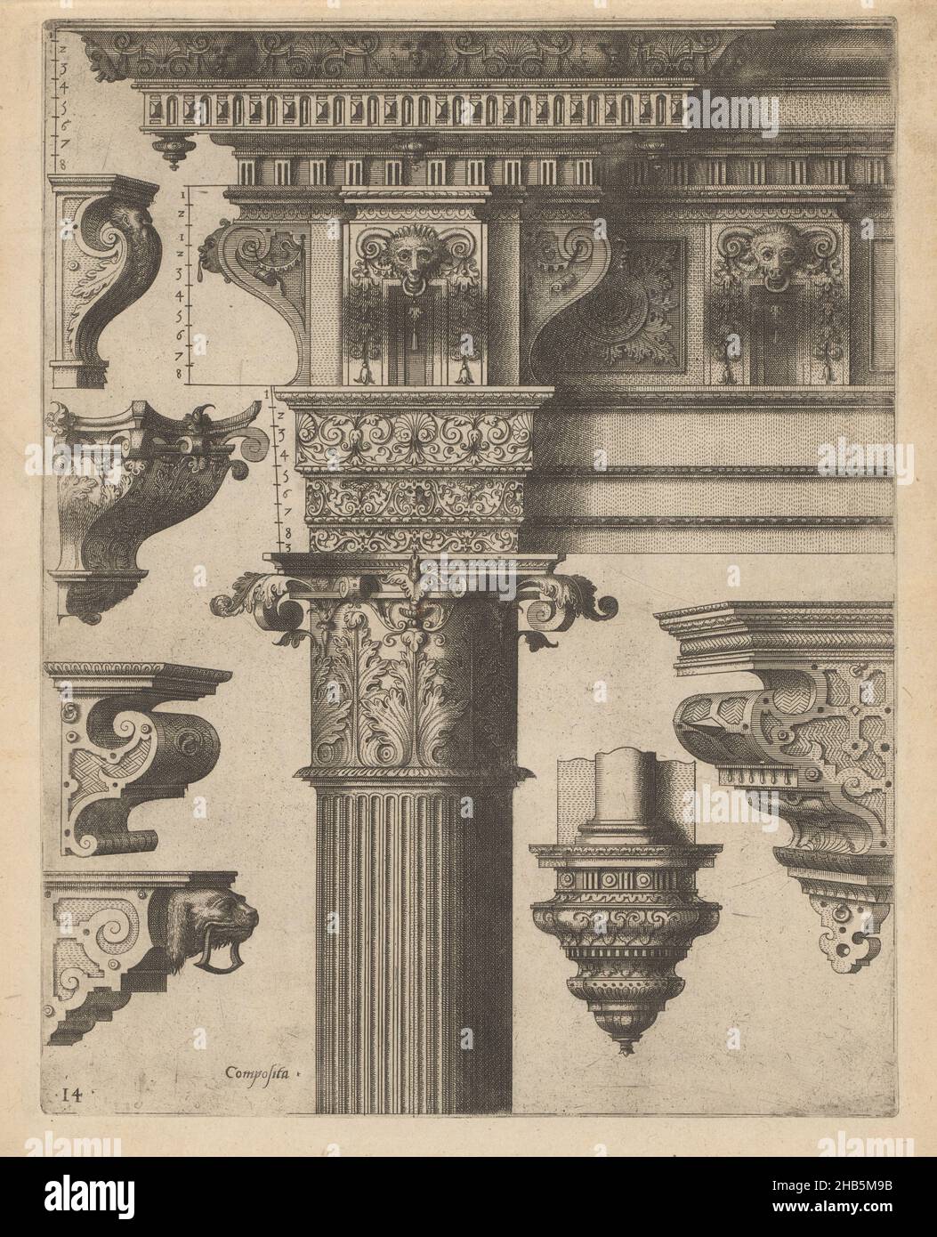 Kompositentablatur und sechs Konsolen, das ander Buech gemacht auff die zway Colonnen, Corinthia und composita (Serientitel), Kompositentablatur. Die Triglyphs des Frieses sind mit Widderköpfen und Girlanden verziert. Dabei sechs lose Konsolen. Auf dem Ausdruck wird dreimal eine Skala angezeigt. Der Druck ist Teil eines Albums., Druckerei: Johannes von Lucas van Doetechum, Hans Vredeman de Vries, Antwerpen, 1565, Papier, Radierung, Höhe 302 mm × Breite 236 mm Stockfoto