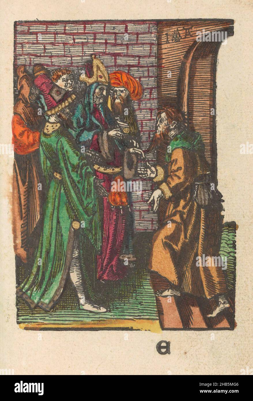 Verrat an Judas, die kleine Passion (Serientitel), Dumme Passion (Serientitel), Judas geht zu den Hohenpriestern, wo er Christus verrät. Unten markiert: E. Print ist Teil eines Buches., Druckerei: Jacob Cornelisz van Oostsanen (erwähnt auf Objekt), Verlag: Doen Pietersz., Amsterdam, 1520 - 1521 und/oder c. 1530, Papier, Höhe 112 mm × Breite 79 mmhöhe 159 mm × Breite 102 mm Stockfoto