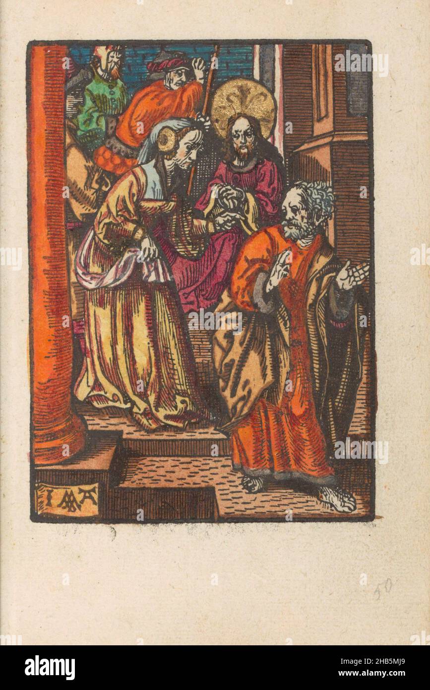 Denial of Peter, The Little Passion (Serientitel), Stupid Passion (Serientitel), Zeigt Eine Frau auf Petrus und fragt, ob er nicht auch zu Christus gehört. Petrus bestreitet dies. Im Hintergrund sieht Christus mit gefesselten Händen weiter. Print ist Teil eines Buches., Druckerei: Jacob Cornelisz van Oostsanen (erwähnt auf Objekt), Verlag: Doen Pietersz., Amsterdam, 1520 - 1521 und/oder c. 1530, Papier, Höhe 111 mm × Breite 80 mmhöhe 159 mm × Breite 102 mm Stockfoto