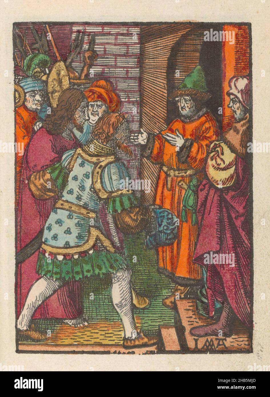 Christ before Annas, The Little Passion (Serientitel), Stupid Passion (Serientitel), Christus wird von bewaffneten Männern vor Annas geführt. Print ist Teil eines Buches., Druckerei: Jacob Cornelisz van Oostsanen (erwähnt auf Objekt), Verlag: Doen Pietersz., Amsterdam, 1520 - 1521 und/oder c. 1530, Papier, Höhe 111 mm × Breite 80 mmhöhe 159 mm × Breite 102 mm Stockfoto