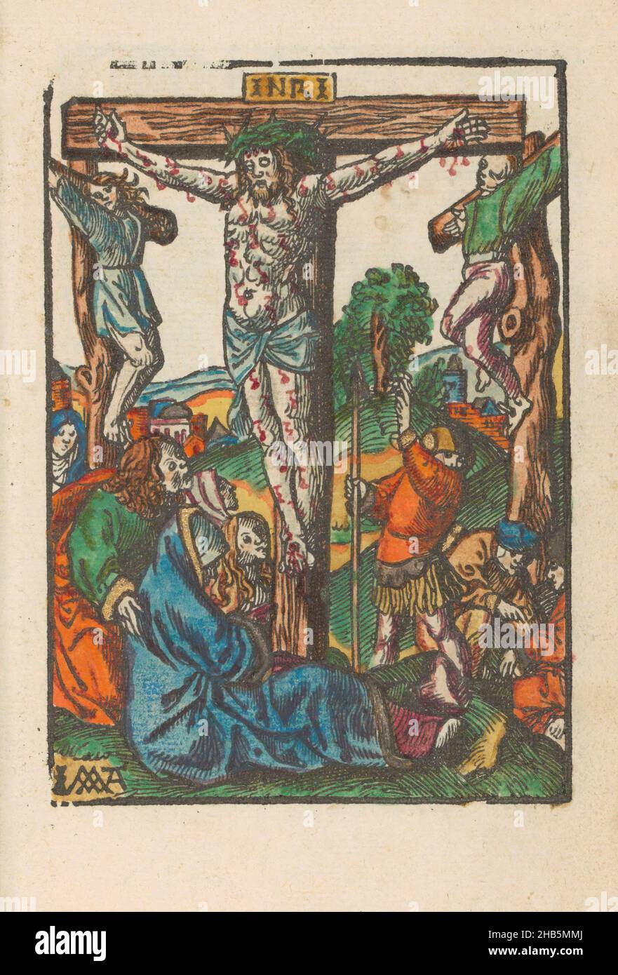 Christus am Kreuz, die kleine Passion (Serientitel), dumme Passion (Serientitel), Christus hängt am Kreuz zwischen den Kreuzen zweier Verbrecher. Johannes und Maria sitzen unter dem Kreuz. Print ist Teil eines Buches., Druckerei: Jacob Cornelisz van Oostsanen (erwähnt auf Objekt), Verlag: Doen Pietersz., Amsterdam, 1520 - 1521 und/oder c. 1530, Papier, Höhe 111 mm × Breite 78 mmhöhe 159 mm × Breite 101 mm Stockfoto