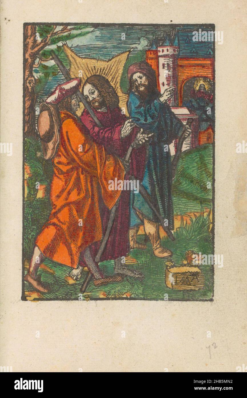 Emmaus Pilgrims, The Little Passion (Serientitel), Stupid Passion (Serientitel), der auferstandene Christus trifft zwei Jünger und geht mit ihnen ins Dorf Emmaus. Sie erkennen Christus nicht. Einer der Männer weist auf das Dorf Emmaus hin. Print ist Teil eines Buches., Druckerei: Jacob Cornelisz van Oostsanen (erwähnt auf Objekt), Verlag: Doen Pietersz., Amsterdam, 1520 - 1521 und/oder c. 1530, Papier, Höhe 111 mm × Breite 78 mmhöhe 159 mm × Breite 101 mm Stockfoto