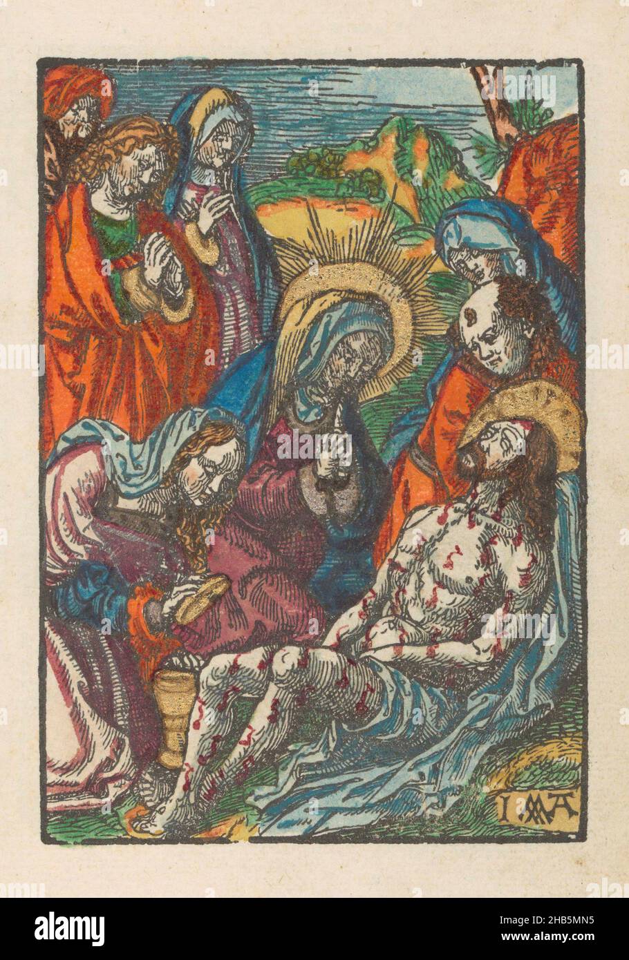 Lamentation, The Little Passion (Serientitel), Stupid Passion (Serientitel), Maria, Maria Magdalena, Johannes und andere beklagen den verstorbenen Christus. Print ist Teil eines Buches., Druckerei: Jacob Cornelisz van Oostsanen (erwähnt auf Objekt), Verlag: Doen Pietersz., Amsterdam, 1520 - 1521 und/oder c. 1530, Papier, Höhe 111 mm × Breite 78 mmhöhe 159 mm × Breite 101 mm Stockfoto