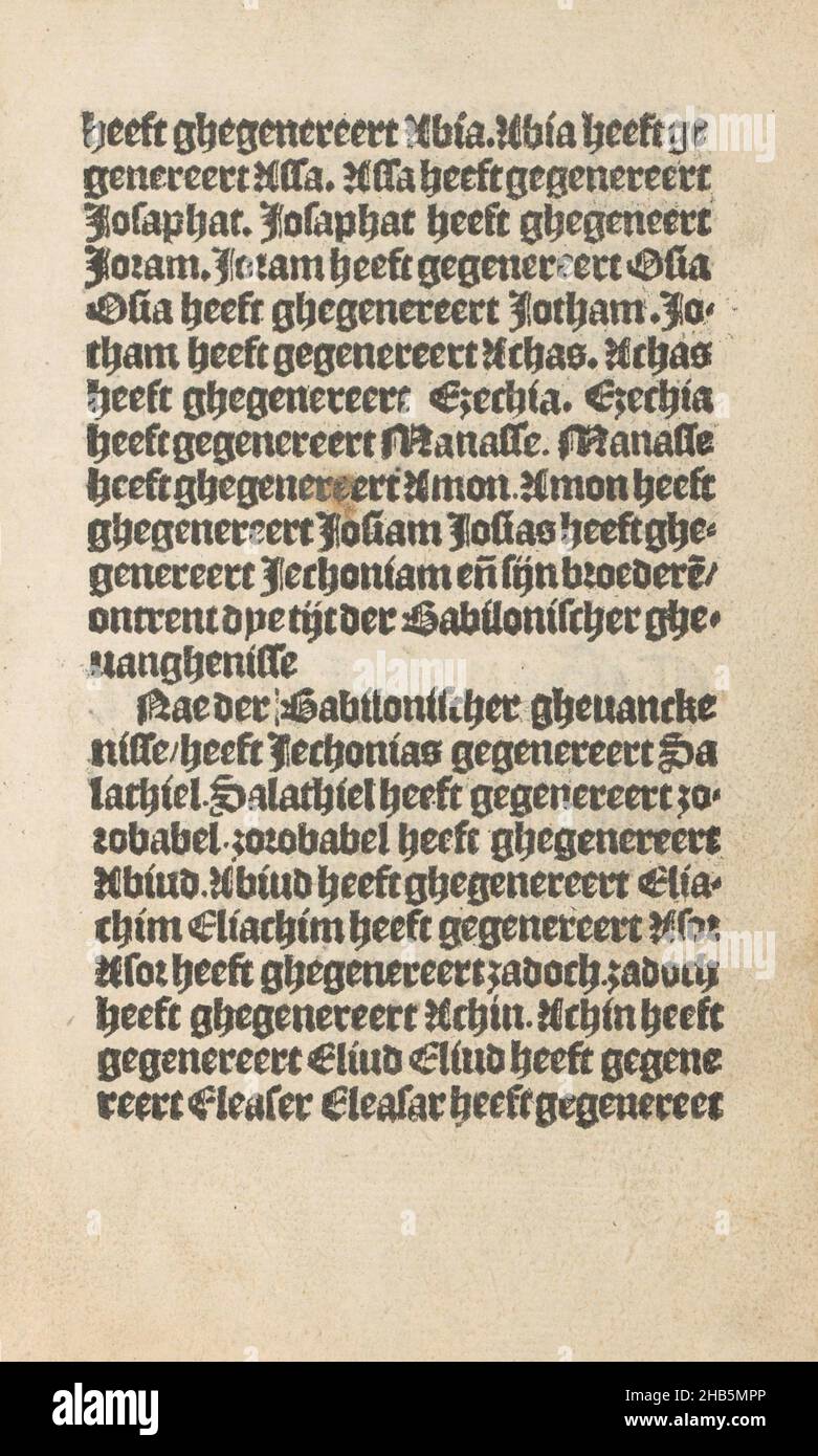 Text aus dem Matthäusevangelium, Stupid Passion (Serientitel), Text aus dem 1. Kapitel des Matthäusevangeliums auf recto und verso. Verso. Adresse des Herausgebers. Textblatt ist Teil eines Buches., Verlag: Doen Pietersz. (Erwähnt auf Objekt), Amsterdam, c. 1530, Papier, Buchdruck, Höhe 160 mm × Breite 100 mm Stockfoto