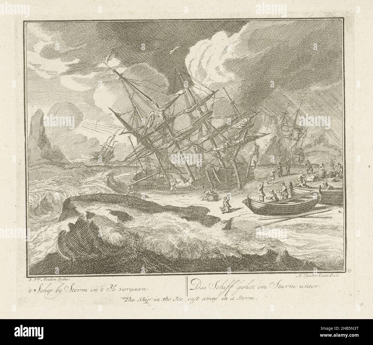 Schiff stirbt im Eis während eines Sturms, ca. 1725't Schip by Storm in 't Ys vergaan, das Schiff gehet im Sturm unter, The Ship in the Ice Cast Away in a Storm (Titel auf Objekt), Whaling (Serientitel), das Schiff stirbt im Eis während eines Sturms, ca. 1725. Teil der Walfangserie. Gedruckt auf demselben Blatt wie Nr. 14., Druckerei: Adolf van der Laan (auf Objekt erwähnt), Zeichner: Sieuwert van der Meulen (auf Objekt erwähnt), Druckerei: Nord-Niederlande, Verlag: Amsterdam, 1720 - 1730, Papier, Radierung, Höhe 180 mm × Breite 206 mm Stockfoto