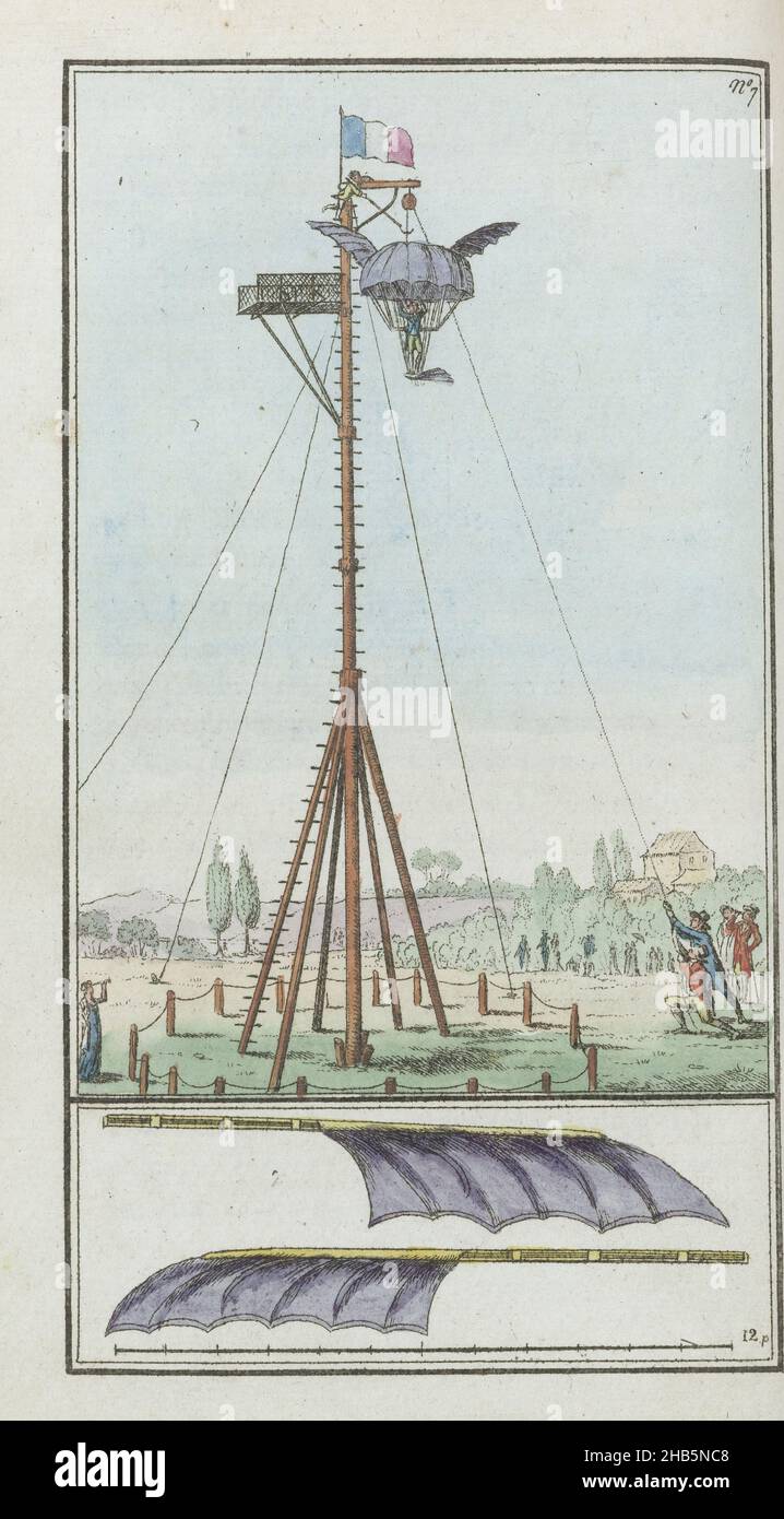 Le Mois, Journal historique, littéraire et critique, avec figures, Tome 3, Nr. 7, An. 8 (1799-1800), hölzerne Palisade mit geflügeltem Fallschirm, an dem ein Mann hängt, bereit für den Sprung. Druck aus der Zeitschrift Le Mois : Journal historique, littéraire et critique avec figures, an 7 and 8 (1798-1800)., L.F. Labrousse (möglicherweise), Druckerei: Anonym, 1799 - 1800, Papier, Radierung, Höhe 193 mm × Breite 117 mm Stockfoto