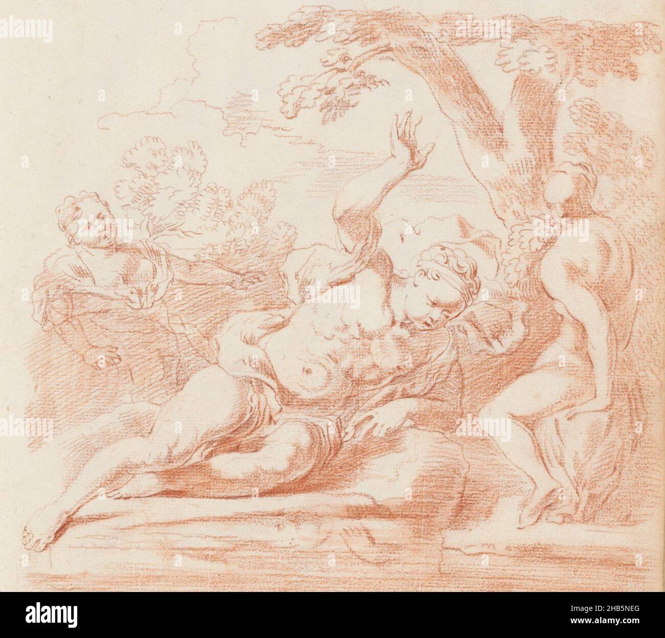 Narcissus und Echo, Narcissus liegt auf einer Bank und sieht seine Reflexion im Wasser. Im Hintergrund die Nymphe Echo und ein Passant. Blatt 38 recto aus einem Skizzenbuch mit 63 Blättern Stockfoto