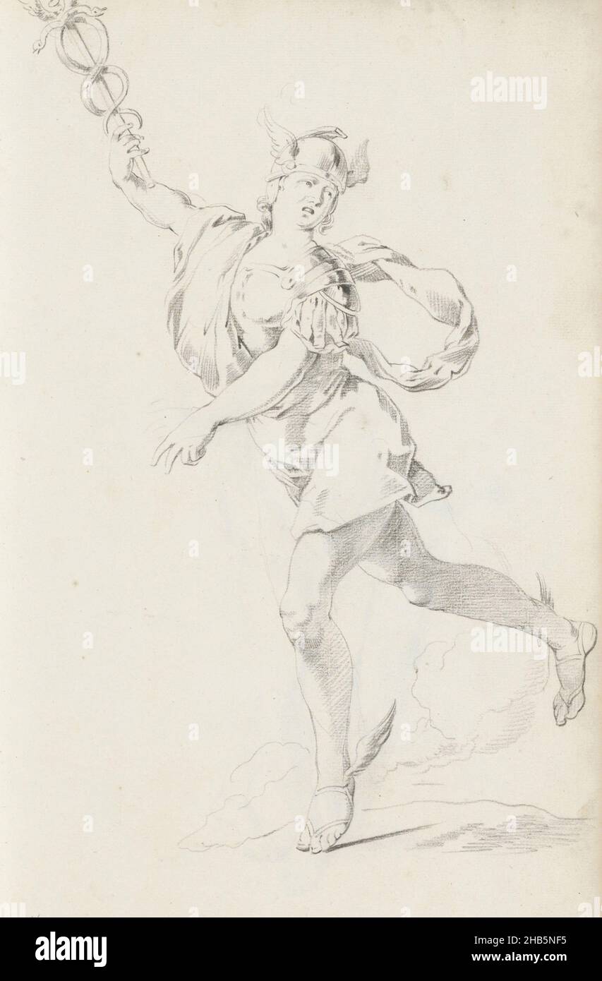 Merkur, Merkur trägt geflügelte Sandalen und einen geflügelten Rundhut. In seiner rechten Hand hält er den Caduceus, einen Stab, der von zwei Schlangen umkreist ist. Blatt 17 recto aus einem Skizzenbuch mit 63 Blättern Stockfoto
