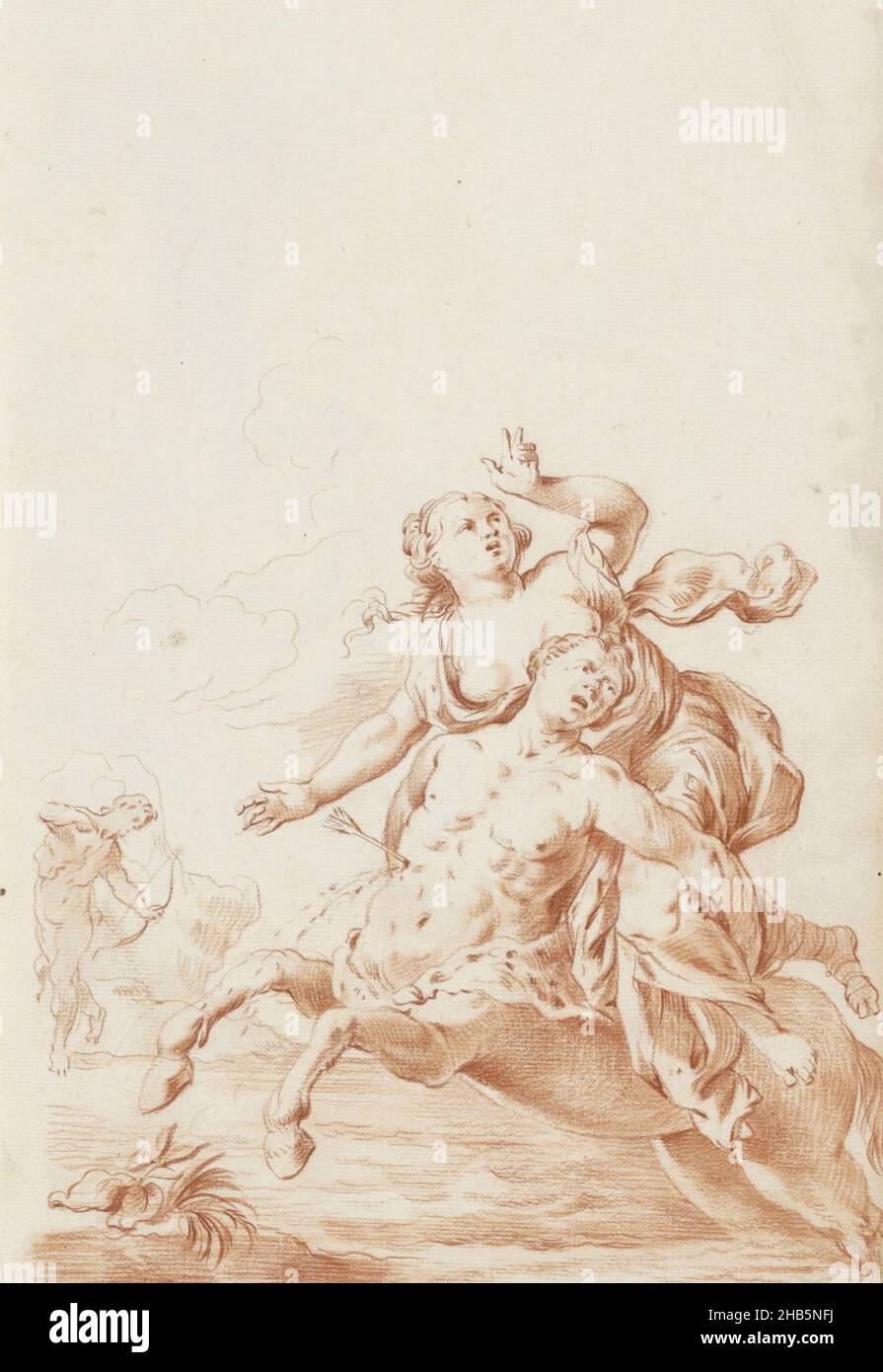 Raub von Hippodamea, versucht der Zentaur Eurytus, die Braut Hippodamea auf seinem Rücken zu entführen. Im Hintergrund ein Mann mit Pfeil und Bogen, der den Zentaur in den Bauch geschossen hat. Blatt 44 recto aus einem Skizzenbuch mit 63 Blättern Stockfoto