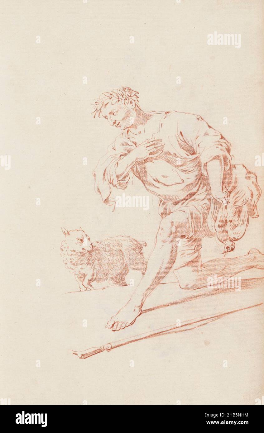 Mann mit Lorbeerkranz, der neben einem Lamm kniet, hält mit der linken Hand eine Ente. Auf dem Boden liegt ein Stock. Seite 8 recto aus einem Skizzenbuch mit 63 Seiten Stockfoto