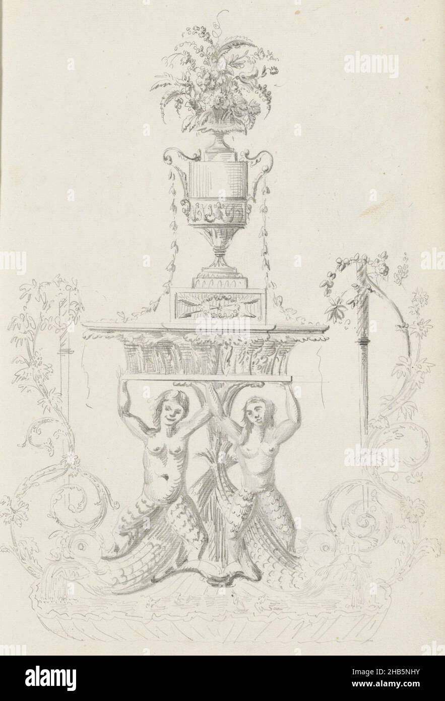 Ornament mit zwei Nereids mit einer Vase, die Nereids tragen ein Kapital, auf dem eine Vase mit Blumen steht. Seite 58 recto aus einem Skizzenbuch mit 63 Seiten Stockfoto