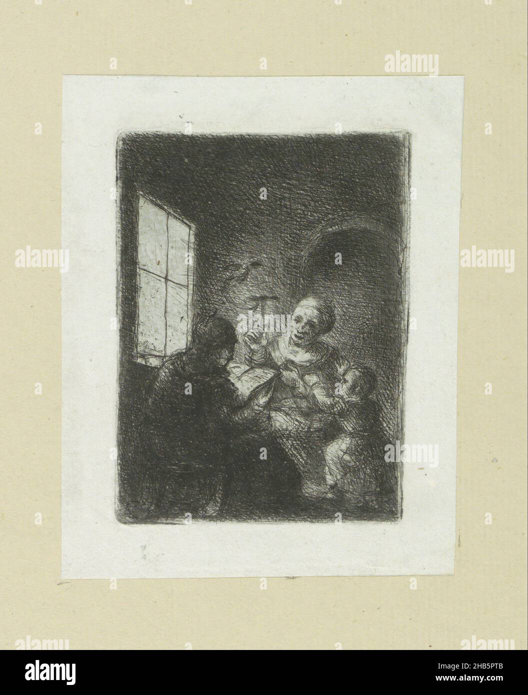 Familie am Fenster, The Compleat Work of Etchings von John Chalon, Oeuvre Complette des Eaux Fortes par Jean Chalon (Serientitel), Wohnzimmereinrichtung. Ein Mann sitzt und liest vor dem Licht eines Fensters. Ihm gegenüber eine Frau, die einen Vogel auf einem Stock hält. Ein Kind neben ihr. Der Druck ist Teil eines Albums., Druckerei: Jan Chalon, Jan Chalon, Druckerei: Amsterdam, Verlag: London, London, London, 1802, Papier, Radierung, Trockenpunkt, Höhe 94 mm × Breite 69 mm Stockfoto