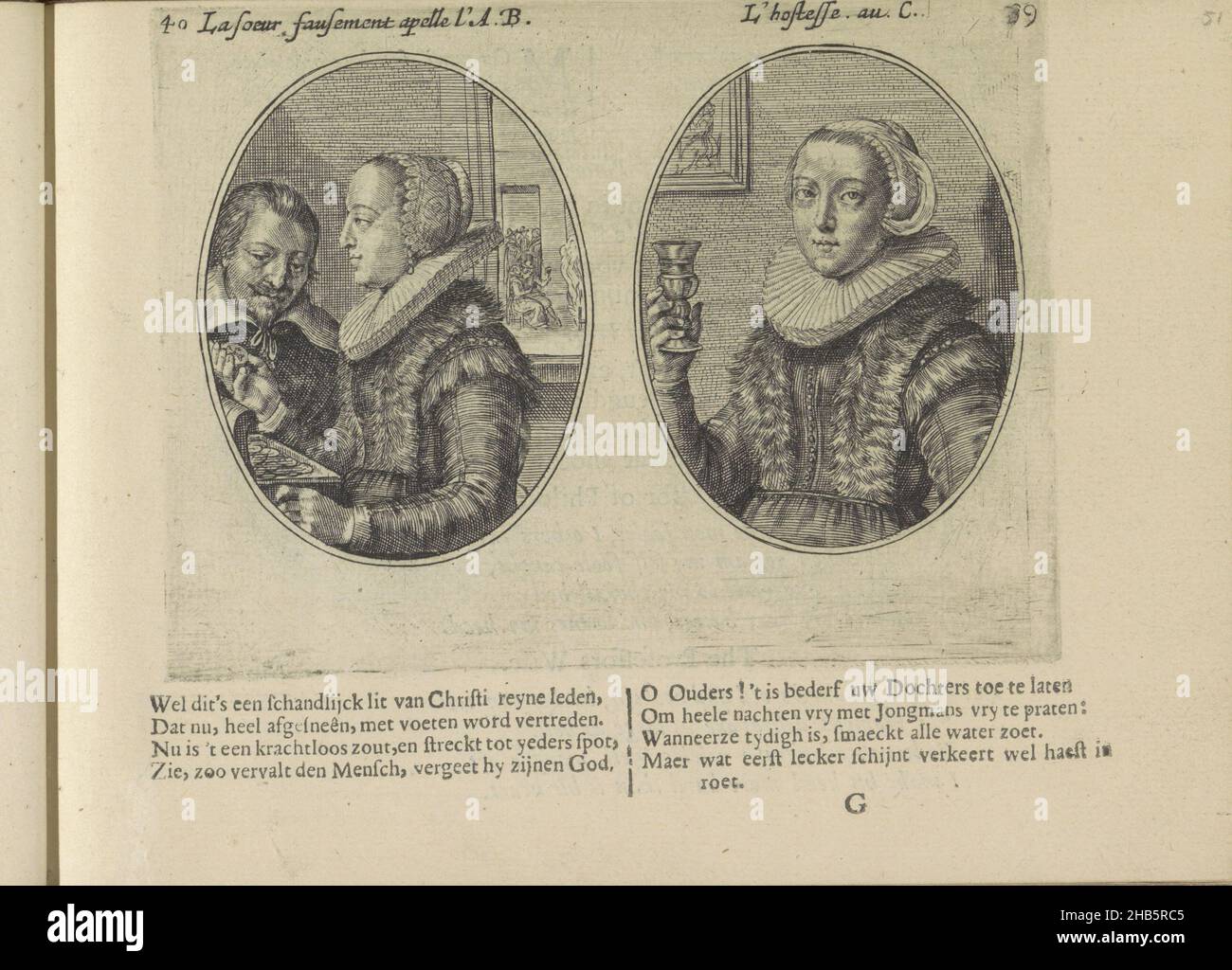 Zwei mennonitische Schwestern, La soeur fausement apelle l'A.B., L'hostesse au C. (Titel auf Objekt), Les abus du mariage (Serientitel), zwei Darstellungen auf einem Albumblatt. Sie betreffen zwei mennonitische Schwestern. Links zeigt eine Frau dem Mann neben ihr den Inhalt einer Geldbox. Im Hintergrund ein Mann und eine Frau am Kamin. Rechts eine Frau mit einem Weinglas. An der Wand ein Gemälde. Darunter zwei Vierzeiler auf Niederländisch. Der Druck ist Teil eines Albums., Druckerei: Crispijn van de Passe (II), Verlag: Crispijn van de Passe (II), Amsterdam, 1641, Papier, Gravur, Buchdruck Stockfoto