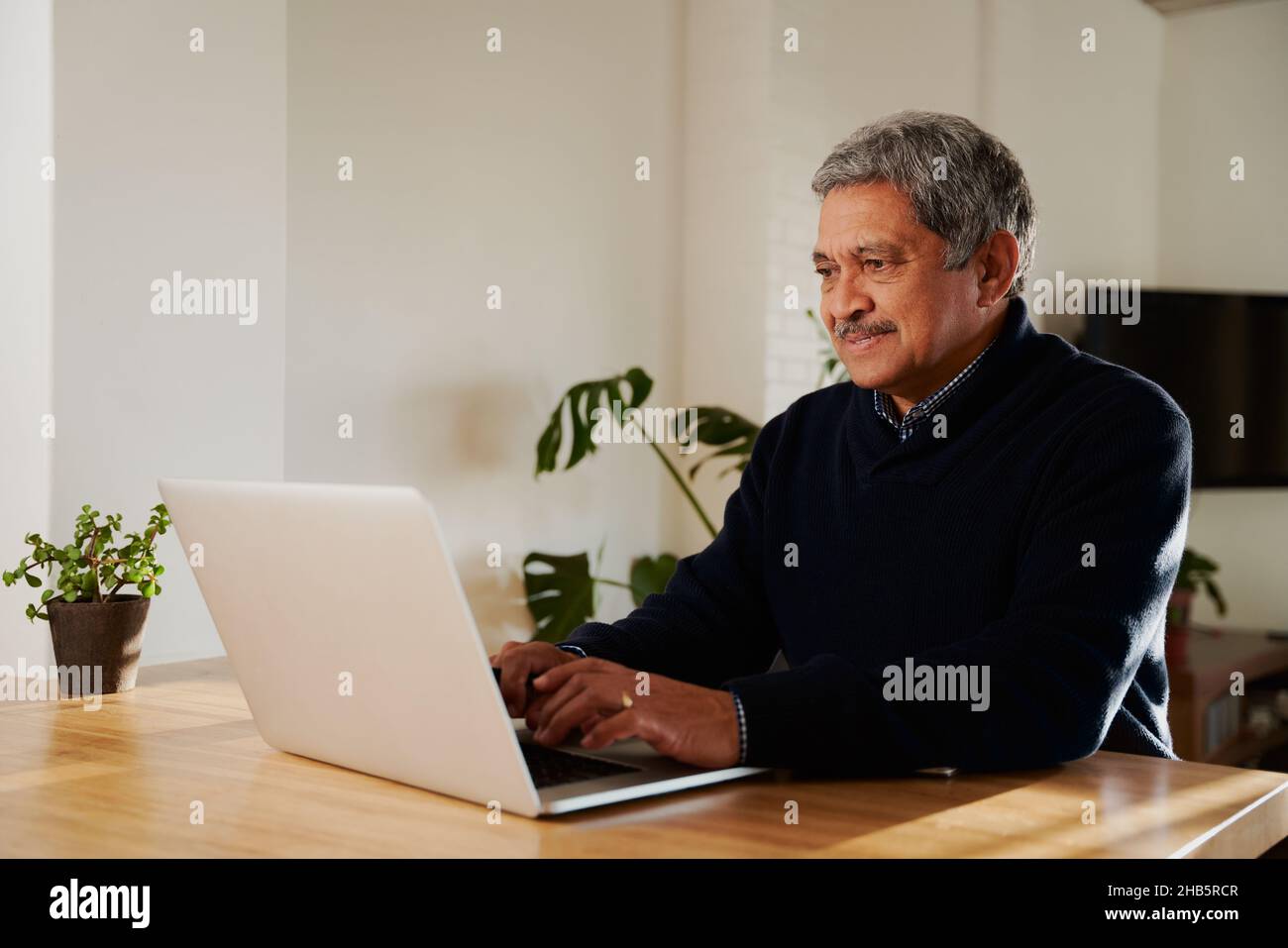 Multikulturelle ältere Männer, die E-Mails schreiben, während sie einen Laptop benutzen. Isoliert in einem modernen Zuhause, sitzend an der Küchentheke. Stockfoto
