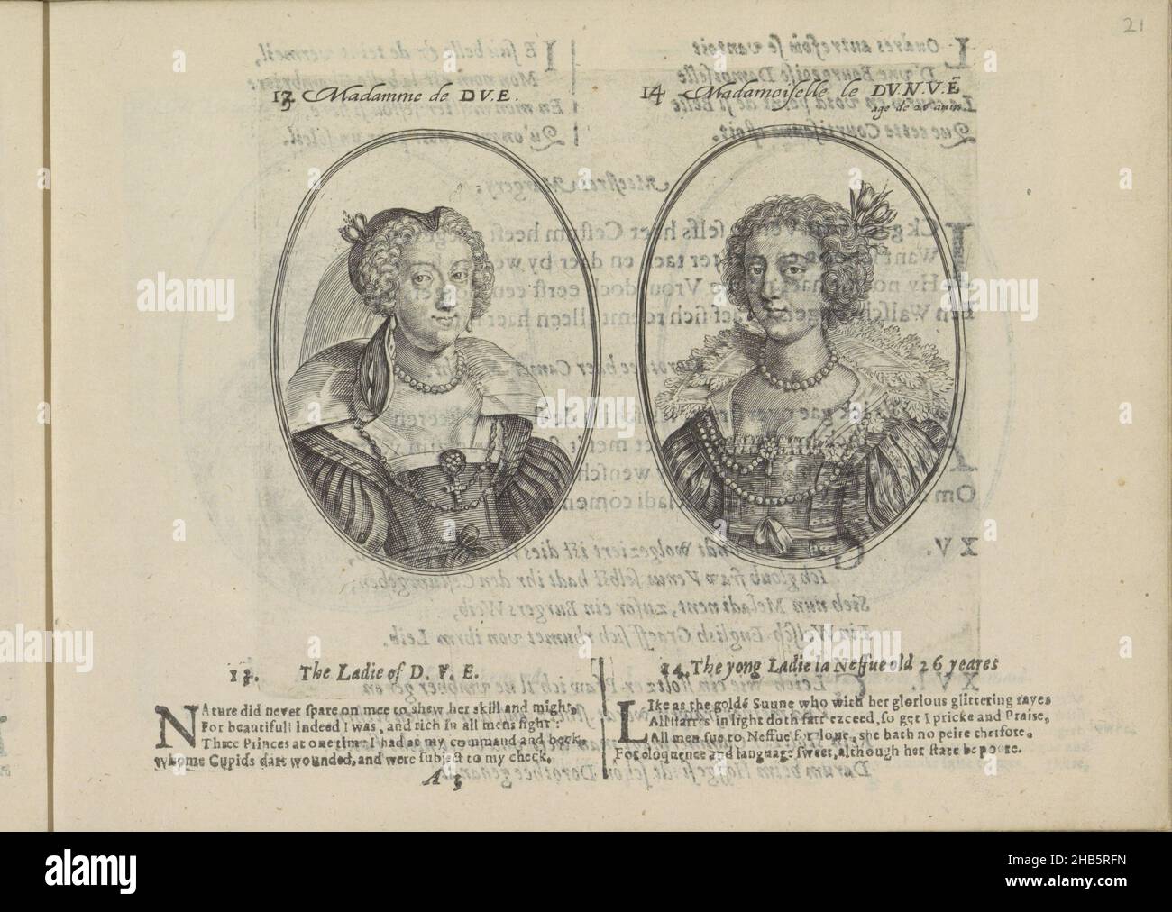 Porträts der Kurtisanen Madame de D.V.E. und Mademoiselle La Neffue, Madamme de D.V.E., Madamoiselle le DV.N.V.E. (Titel auf Objekt), Miroir des plus belles courtisanes de ce temps (Serientitel), zwei Darstellungen auf einem Albumblatt. Auf der linken Seite die Kurtisane Madamme von D.V.E. und auf der rechten Seite Mademoiselle le DV.N.V.E. (La Neffue) im Alter von zwanzig Jahren. An der Spitze nummeriert: 13 und 14, zuvor 17 und 18. Darunter zwei Quatrains auf Englisch. Der Bogen ist Teil eines Albums., Druckerei: Crispijn van de Passe (II), Crispijn van de Passe (II), Utrecht, 1635, Papier, Gravur Stockfoto