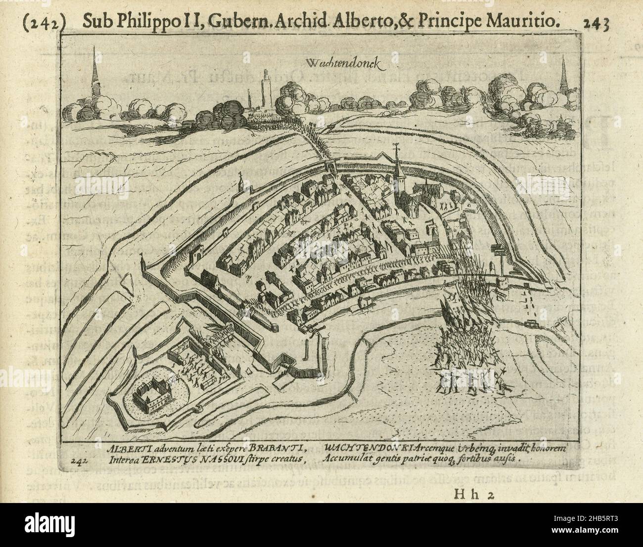 Eroberung von Wachtendonk, 1600, Eroberung von Wachtendonk durch Louis Gunther, Graf von Nassau, 23. Januar 1600. Plan der Stadt, über der Landschaft im Profil. Unten dringen die Staatstruppen am Kempener Tor in die Stadt ein. Mit 4-zeiliger lateinischer Beschriftung. Nummeriert 242. Gedruckt auf der Rückseite mit lateinischem Text., Druckerei: Simon Frisius, Frans Hogenberg (Werkstatt), Druckerei: Nordniederland, Verlag: Amsterdam, 1613 - 1615 und/oder 1621 - 1622, Papier, Radierung, Höhe 132 mm × Breite 158 mm Stockfoto