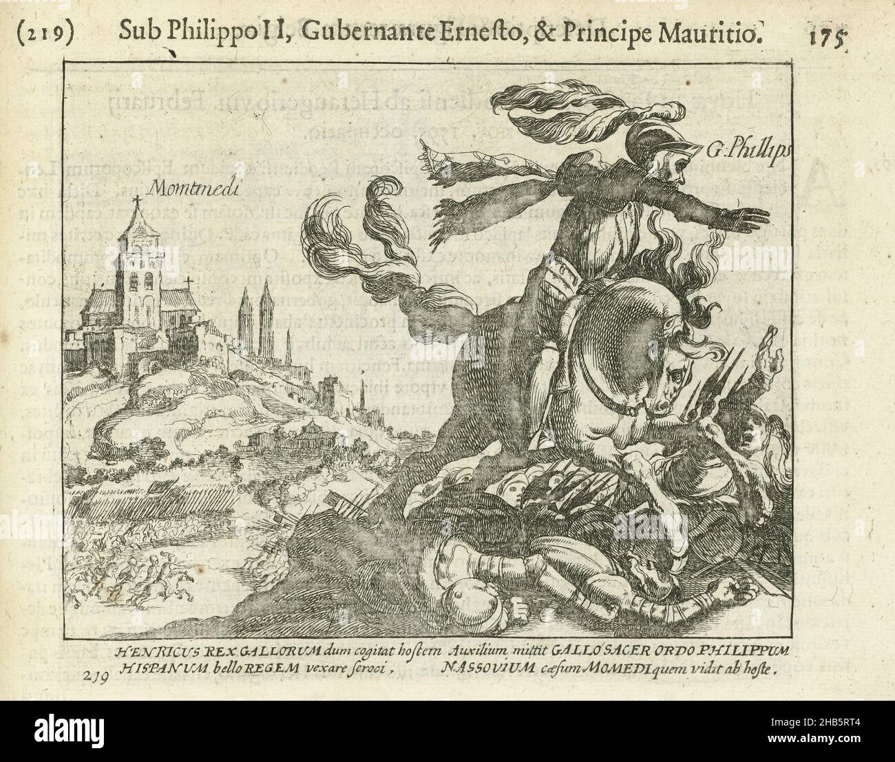 Ludwig Gunther, Prinz von Nassau-Siegen und Philipp, Graf von Nassau im Kampf mit dem französischen König Heinrich IV. In Montmédy, 1595, Louis Gunther, Prinz von Nassau-Siegen und Philipp, Graf von Nassau im Kampf mit dem französischen König Heinrich IV. In Montmédy, 1595. Im Vordergrund Graf Philipp von Nassau zu Pferd. Mit einer lateinischen Beschriftung von 4 Zeilen. Nummeriert 219. Gedruckt auf der Rückseite mit lateinischem Text., Druckerei: Simon Frisius, Verlag: Michiel Colijn, Druckerei: Nord-Niederlande, Verlag: Amsterdam, 1613 - 1615 und/oder 1621 - 1622, Papier, Radierung, Höhe 135 mm × Breite 160 mm Stockfoto
