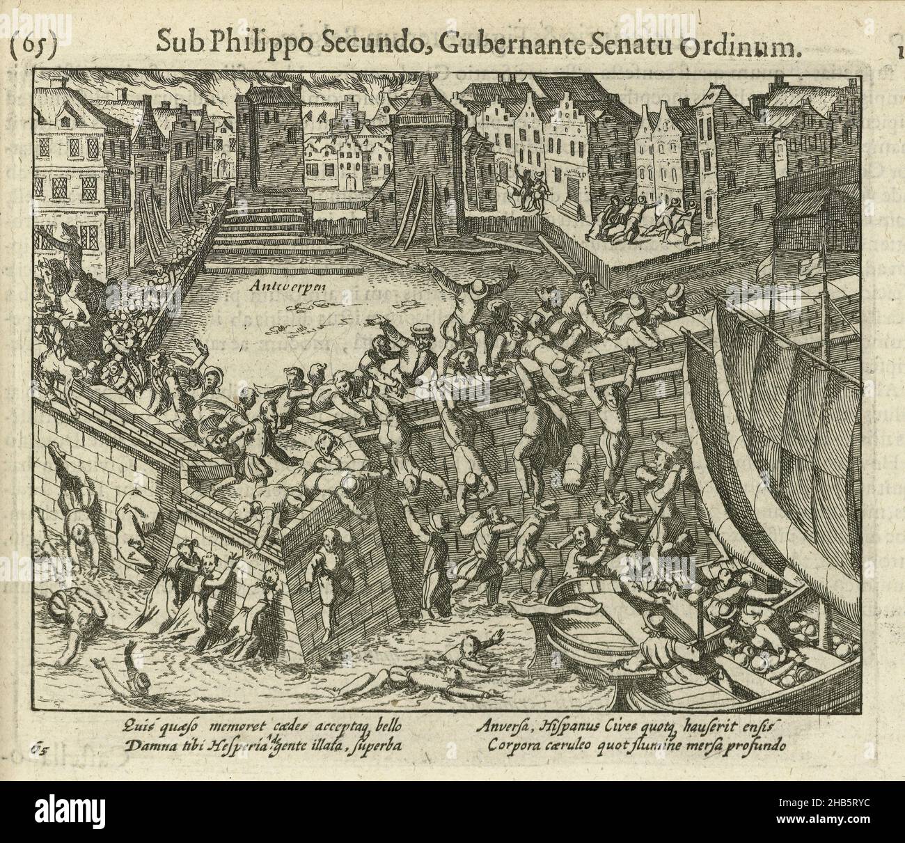 Spanish Furie: Einwohner fliehen in die Schelde, 1576, Spanish Furie in Antwerpen, 4-7. November 1576. Um der Gewalt zu entkommen, springen Antwerpers in die Schelde und versuchen mit Booten zu fliehen. Mit einer lateinischen Beschriftung von 4 Zeilen. Nummeriert: 65. Auf Rückseite mit lateinischem Text gedruckt., Druckerei: Simon Frisius, Frans Hogenberg, Druckerei: Nordniederland, Verlag: Amsterdam, 1613 - 1615 und/oder 1621 - 1622, Papier, Radierung, Höhe 135 mm × Breite 165 mm Stockfoto