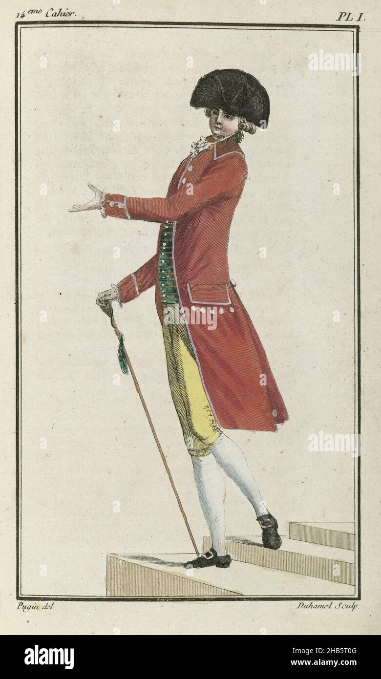 Cabinet des Modes ou les Modes Nouvelles, 1 Juin 1786, pl. Ich, junger Mann in einer „Gewohnheit“ aus scharlachem Tuch. Dem Begleittext zufolge ist das Fell mit weißer Seide gefüttert und hat große weiße Knöpfe aus Perlmutt. Die Enden der Ärmel sind 'à la Marinière' geöffnet und mit zwei identischen Knöpfen an der Seite geschlossen. Vier Knöpfe an den Taschen der Jacke. Kragen aus dem gleichen Stoff. Unter dem Mantel eine meergrüne Weste aus schwerer Seide ('Gros-de-Tour') mit goldenen Streifen; verziert mit kleinen weißen Knöpfen. „Culotte“- oder knielange Hose aus hellem zitronengelbem Kaschmir, mit einer Reihe Stockfoto