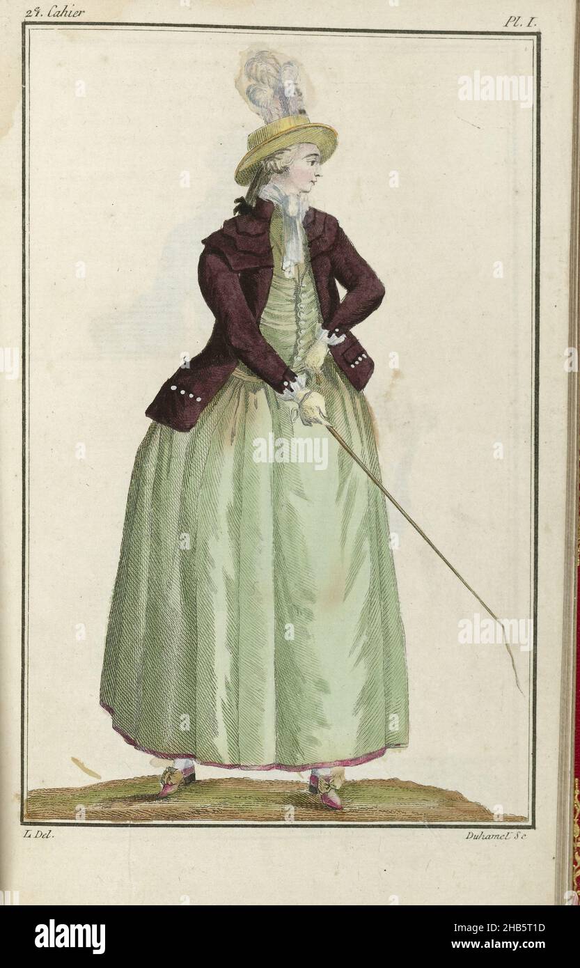 Cabinet des Modes ou les Modes Nouvelles, 15. September 1786, pl. Ich, Amazon  Kostüm. Laut Begleittext trägt die Frau ein Reitkostüm oder amazon-Kostüm.  Es besteht aus einer Jacke mit drei Schulterkragen, einer