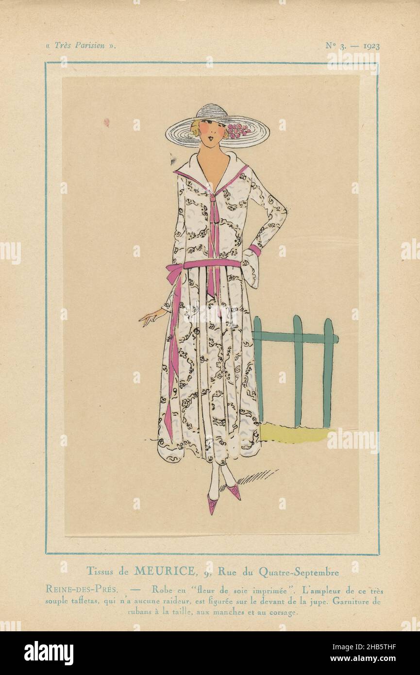 très Parisien, 1923, Nr. 3: Tissus de MEURICE...reine-des-Prés, Fabrics of Meurice. Kleid aus bedruckter Seide mit Blumenmotiv. Die Geschmeidigkeit dieses Taft spiegelt sich an der Vorderseite des Rockes wider. Verzierung von Bändern an der Taille, an den Ärmeln und Mieder. Zubehör: hut mit breiter Krempe. Druck aus dem Modemagazin Très Parisien (1920-1936)., Druckerei: Anonymous, J. Meurice & Cie (auf Objekt erwähnt), Paris, 1923, Papier, Buchdruck, Höhe 269 mm × Breite 180 mm Stockfoto