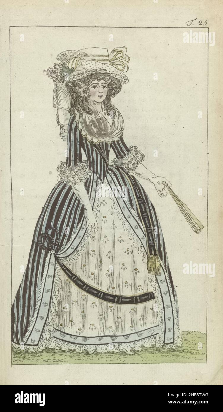 Journal des Luxus und der Modi 1788, Band III, T.25, Parisian Lady in grande Parure. Auf dem Kopf ein 'Toque à la Turque' (halber Hut, halber Hut) aus weißem Taft, unter dem sich ein Puff befindet. Hängender Schleier am Rücken. Um den Hals ein 'fichu à festons'. Das Kleid wird als 'Robe à festons' bezeichnet und ist laut dem Text das neueste in Paris. Schärpe en bandoulière. Gefaltetes Gebläse in der Hand. Druck aus dem Modemagazin Journal des Luxus und der Modi, herausgegeben von Friedrich Justin Bertuch und Georg Melchior Kraus, Weimar, 1786-1826., Verlag: Friedrich Justin Bertuch, Verlag: Georg Melchior Kraus Stockfoto