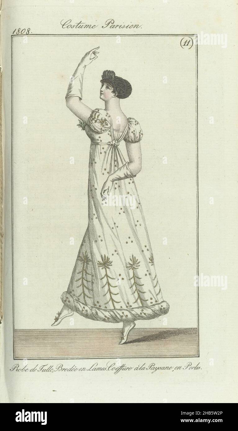 Journal des Dames et des Modes, Frankfurter Ausgabe 14 mars 1808, Costume Parisien (11): Robe de Tulle..., Laut Begleittext (S. 288): Coiffure à la Paysanne, verziert mit Perlen. Kleid aus Tüll, bestickt mit Goldfaden. Weiße Handschuhe. Weiße Schuhe. Der Druck ist Teil des Modemagazins Journal des Dames et des Modes, erschienen in Frankfurt als Kopie der französischen Ausgabe von Pierre de la Mésangère, (1798-1848)., Druckerei: Anonym, Verlag: J.P. Lemaire, Druckerei: Paris, Verlag: Frankfurt am Main, 1808, Papier, Gravur, Höhe 188 mm × Breite 115 mm Stockfoto