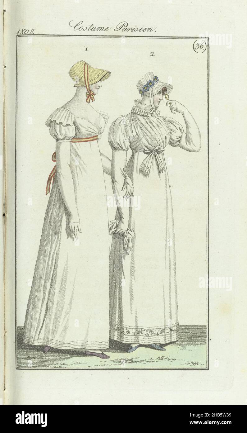 Journal des Dames et des Modes, Ausgabe Frankfurt 4 septembre 1808, Costume Parisien (36), dem Begleittext zufolge (S. 260): Abb. 1: Capote von 'Paille d'Italie', mit Band unter dem Kinn. Kurzes Kleid, niedrig geschnitten, mit Besatz und Pelerine. Als Gürtel ein Band in strohgelb und rot. Weiße Mitanen, lila Schuhe. Abb. 2: Weißer Strohhut, verziert mit einem Rand von Gänseblümchen. Kleid aus Perkal, gestickt am unteren Rand. Fichu guimpe überquerte die Brust und wurde als Schärpe gebunden. Weiße Mitänen. Blaue Schuhe. Der Print ist Teil des Modemagazins Journal des Dames et des Modes, veröffentlicht in Stockfoto