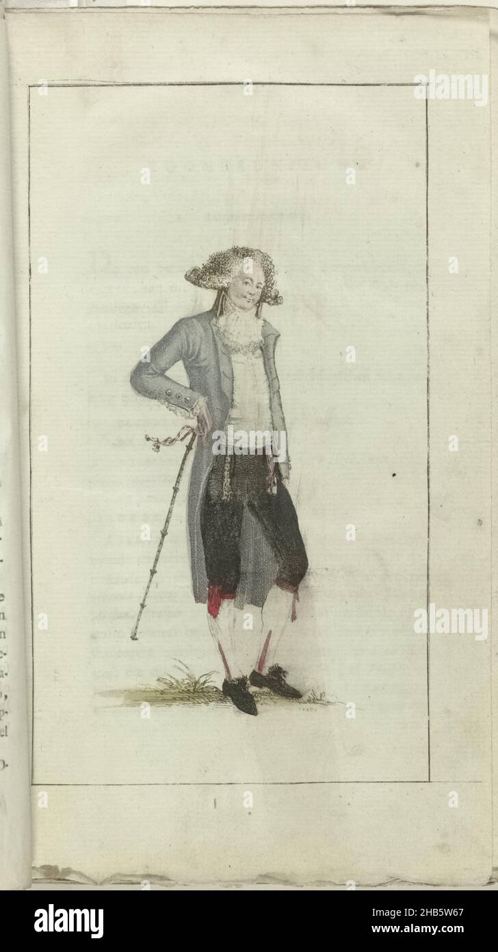 Kabinett der Mode und Geschmack 1791, pl. I: Petit Maitre, ein elegant gekleideter Petit Maitre in hellblauem Frak... (S. 42), mit Gehstock, Druckerei: Anonym, Verlag: A. Loosjes, Haarlem, 1791, Papier, Radierung Stockfoto