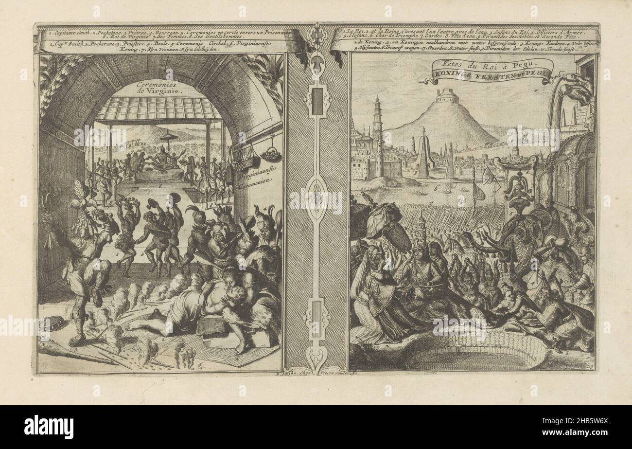 Headman Smith at the Virginians; Royal Feast at Pegu, Virginian Ceremonies, Ceremonies de Virginie, King's Feasts to Pegu (Titel auf Objekt), Les Indes Orientales et Occidentales et autres lieux (Serientitel), Darstellung in zwei Teilen. Links der englische Häuptling Smith mit den Virginians. Smith liegt gebunden auf einer Matte auf dem Boden. Ein Mann beugt sich über ihn. Andere Personen tanzen im Kreis um ihn herum. Im Hintergrund der König. Rechts ein Fest im Haus des Königs von Pegu. Der König und die Königin sprühen sich gegenseitig mit Wasser. Rechts ein Elefant mit einem Wagen. Mit Stockfoto