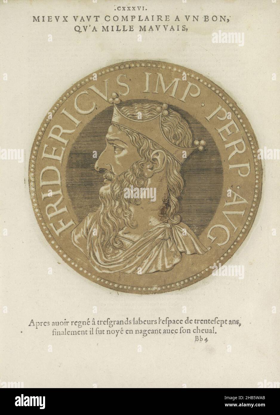 Porträt von Kaiser Friedrich I. Barbarossa, Les images presque de tous les empereurs (Serientitel), Porträt von Kaiser Friedrich I. Barbarossa, auf einer Münze mit Randprägung. Der Druck ist Teil eines Buches über die Kaiser von Julius Caesar bis Karl V. und seinem Bruder Ferdinand., Joos Gietleughen, Druckerei: Hubert Goltzius, Antwerpen, 1557 und/oder 1559, Papier, Radierung, Buchdruck, Zeichnung, Höhe 180 mm × Breite 180 mm Stockfoto