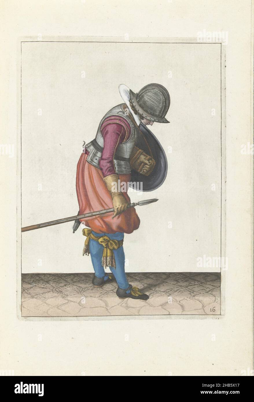 Die Übung mit Schild und Speer: Der Soldat legt den Speer auf den Boden neben seinen rechten Fuß (Nr. 1) 16), 1618, die Übung mit Schild und Speer: Der Soldat legt den Speer neben seinen rechten Fuß auf den Boden, 1618. Teil der Abbildungen in: Adam van Breen, Nassauische Waffenhandel, 1618, Plattennr 16. Kriegsführung um 1600., Adam van Breen, Druckerei: Anonym, Nordniederland, 1616 - 1618, Papier, Gravur, Höhe 260 mm × Breite 190 mm Stockfoto