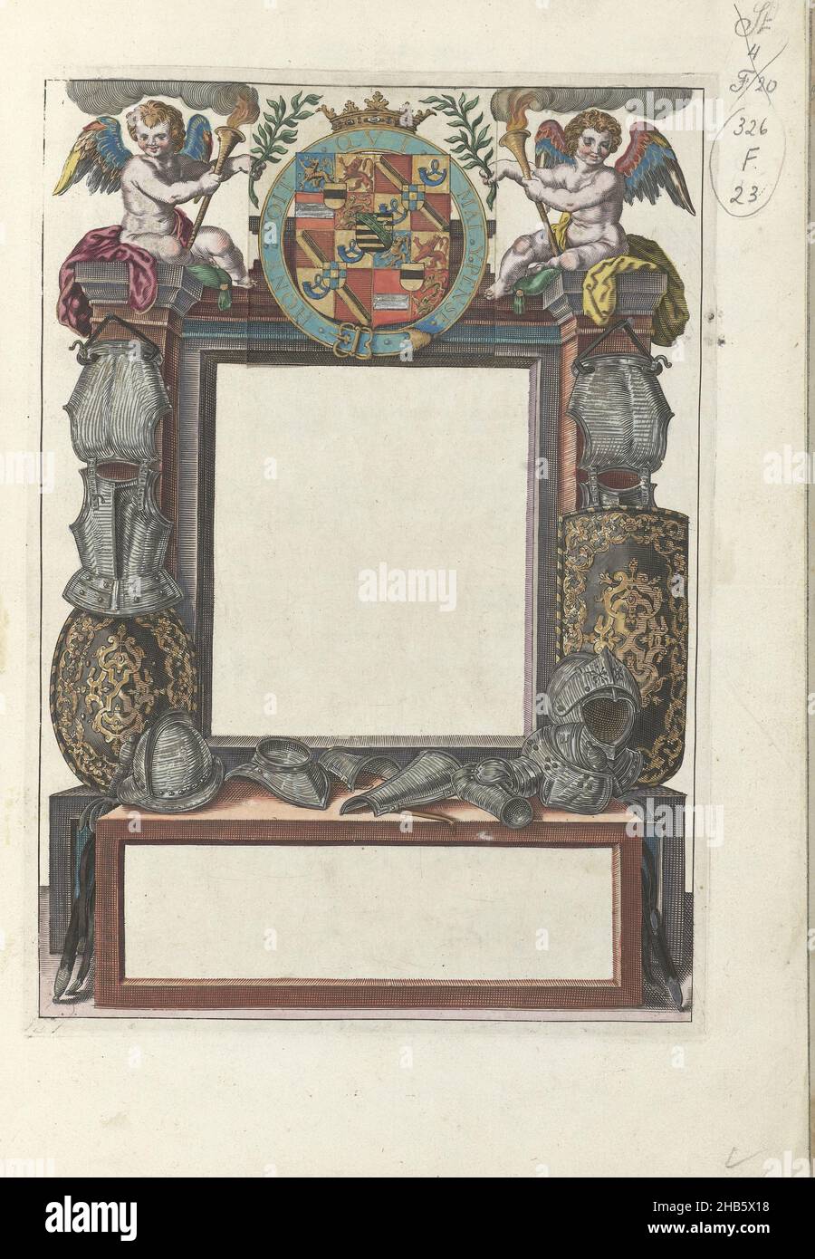 Titelseite einer deutschen Ausgabe von Adam van Breens De Nassausche Wapen-Handelinge, 1618, Titelseite einer deutschen Ausgabe Adam van Breens De Nassausche Wapen-Handelinge, 1618. Veröffentlicht unter dem (hier fehlenden) Titel: Nassauische Waffenhandel. Titel in architektonischem Rahmen mit Teilen von Rüstungen und Schilden verziert. Oben das Wappen von Maurice mit Putti mit Olivenzweigen und rauchenden Hörnern auf beiden Seiten. Die Kartuschen für Titel und Aufdruck sind leer. Martial Art um 1600., Adam van Breen, Druckerei: Anonym, Nordniederländisch, 1616 - 1618, Papier, Gravur, Höhe 276 mm Stockfoto