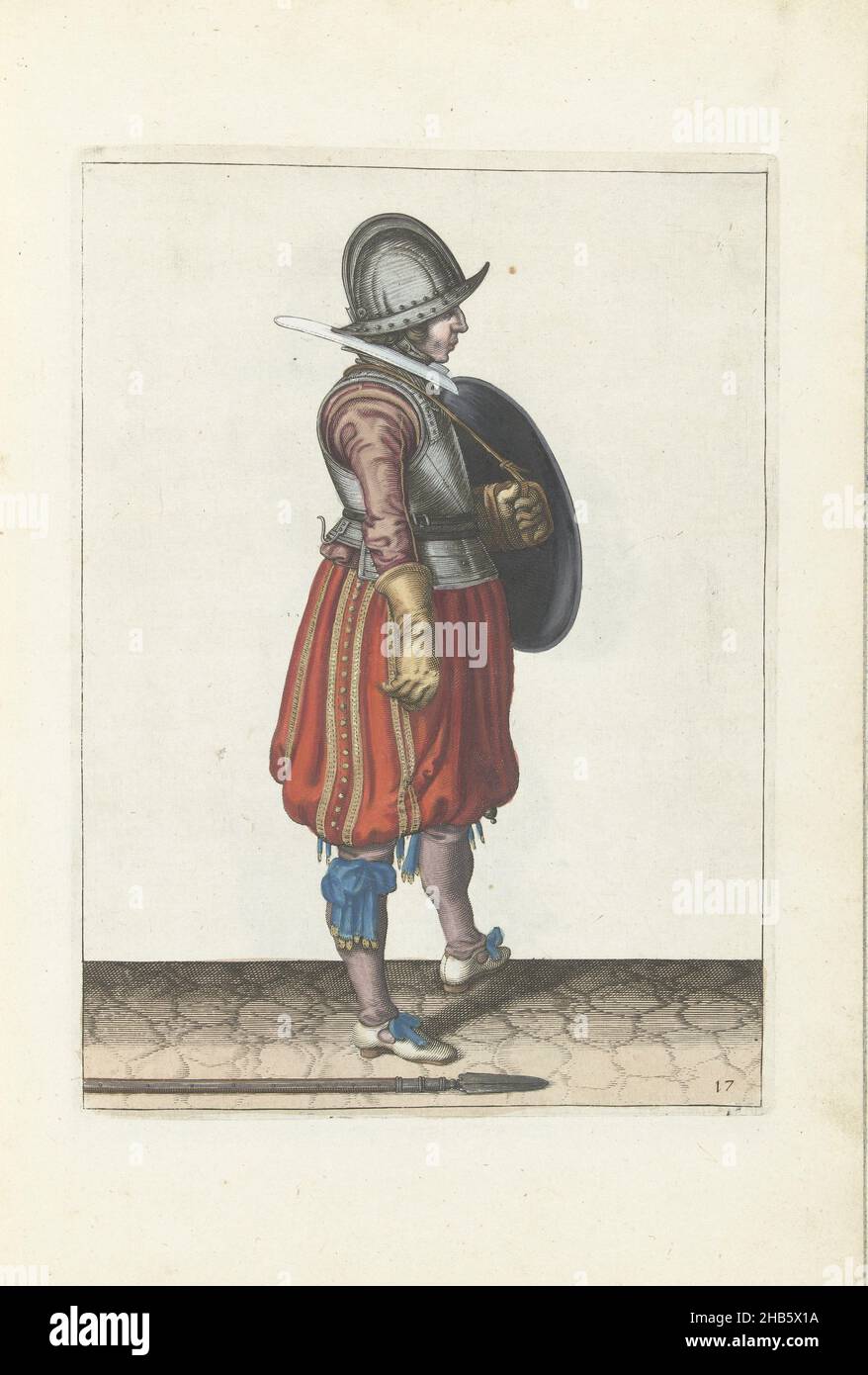 Die Übung mit Schild und Speer: Der Soldat mit dem Schild bereit und der Speer neben seinem rechten Fuß auf dem Boden (no 17), 1618, die Übung mit Schild und Speer: Der Soldat mit dem Schild bereit und der Speer neben seinem rechten Fuß auf dem Boden, 1618. Teil der Abbildungen in: Adam van Breen, Nassauische Waffenhandel, 1618, Plattennr 17. Kriegsführung um 1600., Adam van Breen, Druckerei: Anonymous, Nordniederland, 1616 - 1618, Papier, Gravur, Höhe 260 mm × Breite 190 mm Stockfoto