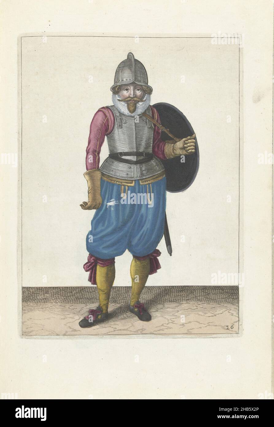 Die Übung mit Schild und Speer: Der Soldat bringt den Schild mit seinem linken Arm auf seinen Rücken zurück (Nr. 1) 26), 1618, die Übung mit Schild und Speer: Der Soldat bringt den Schild mit dem linken Arm auf den Rücken, 1618. Teil der Abbildungen in: Adam van Breen, Nassauische Waffenhandel, 1618, Plattennr 26. Kriegsführung um 1600., Adam van Breen, Druckerei: Anonym, Nordniederland, 1616 - 1618, Papier, Gravur, Höhe 260 mm × Breite 190 mm Stockfoto