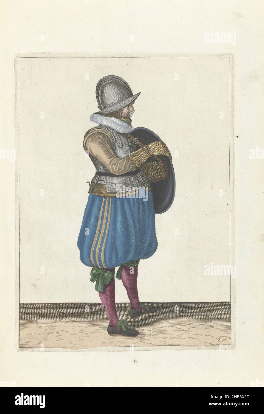 Die Übung mit Schild und Speer: Der Soldat zieht seinen Arm aus dem Gürtel des Schildes (nein 25), 1618, die Übung mit Schild und Speer: Der Soldat zieht seinen Arm aus dem Gürtel des Schildes, 1618. Teil der Abbildungen in: Adam van Breen, Nassauische Waffenhandel, 1618, Plattennr 25. Kriegsführung um 1600., Adam van Breen, Druckerei: Anonymous, Nordniederland, 1616 - 1618, Papier, Gravur, Höhe 260 mm × Breite 190 mm Stockfoto