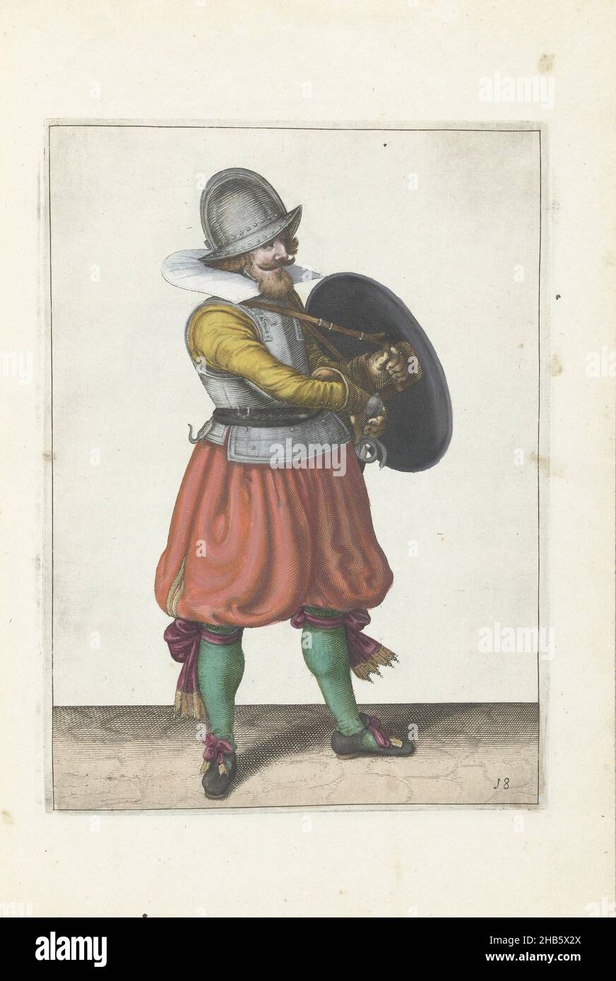 Die Übung mit Schild und Speer: Der Soldat zieht seinen Greifer hinter seinem Schild (Nr. 1) 18), 1618, die Übung mit Schild und Speer: Der Soldat zieht seinen Vergewaltiger hinter seinem Schild, 1618. Teil der Abbildungen in: Adam van Breen, Nassauische Waffenhandel, 1618, Plattennr 18. Kriegsführung um 1600., Adam van Breen, Druckerei: Anonym, Nordniederland, 1616 - 1618, Papier, Gravur, Höhe 260 mm × Breite 190 mm Stockfoto