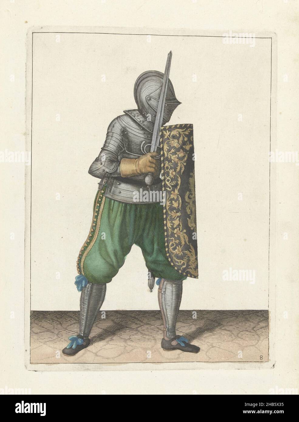 Die Übung mit dem Targe und Vergewaltiger: Wie der Soldat sich mit der Targe verteidigen soll, die sich gegen das linke Knie und die linke Schulter, den gezogenen Vergewaltiger in der Hand (Nr. 1) ruht 8), 1618, die Übung mit dem Targe und dem Vergewaltiger: Wie der Soldat sich mit dem Targe verteidigen soll, der am linken Knie und der linken Schulter liegt, der gezogene Vergewaltiger in der Hand, 1618. Teil der Illustrationen in: Adam van Breen, Nassauische Waffenhandel, kurzer Bericht und Ahnzeigungh auff die ab-bildungh der Figuren, den rechten Rauch alles des jenigen betrifft, so einem Soldaten von nöten, in der behandlung der Stockfoto