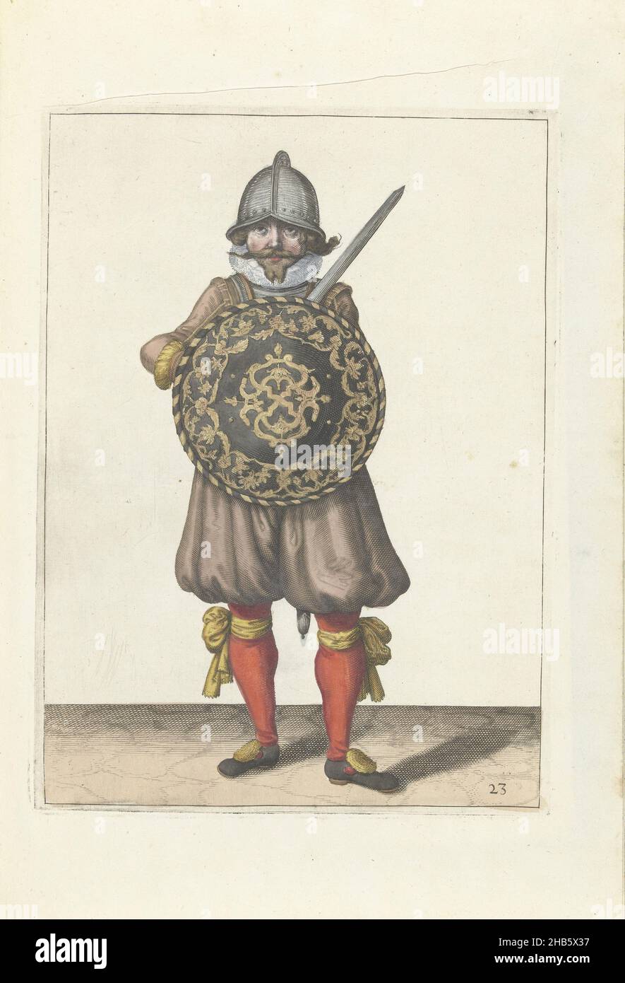 Die Übung mit Schild und Speer: Der in Ruhe stehende Soldat sein Rapier, der auf der linken Schulter hinter dem Schild ruht (Nr. 1) 23), 1618, die Übung mit Schild und Speer: Der in Ruhe stehende Soldat sein Greifvogt, der auf der linken Schulter hinter dem Schild ruht, 1618. Teil der Abbildungen in: Adam van Breen, Nassauische Waffenhandel, 1618, Plattennr 23. Kriegsführung um 1600., Adam van Breen, Druckerei: Anonymous, Nordniederland, 1616 - 1618, Papier, Gravur, Höhe 260 mm × Breite 190 mm Stockfoto