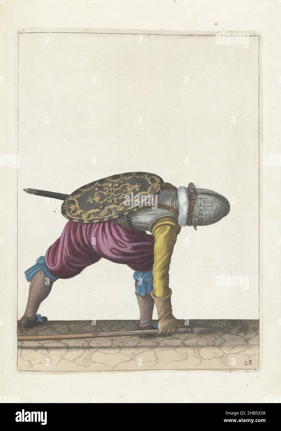 Die Übung mit Schild und Speer: Der Soldat krümmt, um den Speer zu holen (nein 28), 1618, die Übung mit Schild und Speer: Der Soldat schürt sich, um den Speer zu holen, 1618. Teil der Abbildungen in: Adam van Breen, Nassauische Waffenhandel, 1618, Plattennr 28. Kriegsführung um 1600., Adam van Breen, Druckerei: Anonym, Nordniederland, 1616 - 1618, Papier, Gravur, Höhe 260 mm × Breite 190 mm Stockfoto