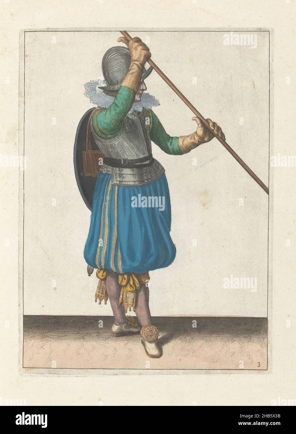 Die Übung mit Schild und Speer: Der Soldat mit dem Speer diagonal in beiden Händen mit der rechten Hand in der Nähe des Kopfes und dem Schild auf dem Rücken (nein 3), 1618, die Übung mit Schild und Speer: Der Soldat mit dem Speer diagonal in beiden Händen mit der rechten Hand nahe dem Kopf und dem Schild auf dem Rücken, 1618, Teil der Abbildungen in: Adam van Breen, Nassauische Waffenhandlung, 1618, Tafel-Nr. 3. Kriegsführung um 1600., Adam van Breen, Druckerei: Anonymous, Nordniederland, 1616 - 1618, Papier, Gravur, Höhe 260 mm × Breite 190 mm Stockfoto