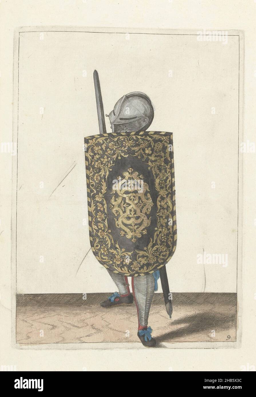 Die Übung mit dem Targe und dem Vergewaltiger: Wie der Soldat sich mit dem Targe verteidigen soll, der sich gegen das linke Knie und die linke Schulter aufhält, der gezogene Vergewaltiger in der Hand, von vorne gesehen, (nein 9), 1618, die Übung mit dem Targe und dem Vergewaltiger: Wie der Soldat sich mit dem Targe verteidigen soll, der gegen das linke Knie und die linke Schulter ruht, der gezogene Vergewaltiger in der Hand, von vorne gesehen, 1618. Teil der Illustrationen in: Adam van Breen, Nassauische Waffenhandel, kurzer Bericht und Ahnzeigungh auff die ab-bildungh der Figuren, den rechten Rauch alles des jenigen betrifft, so einem Stockfoto