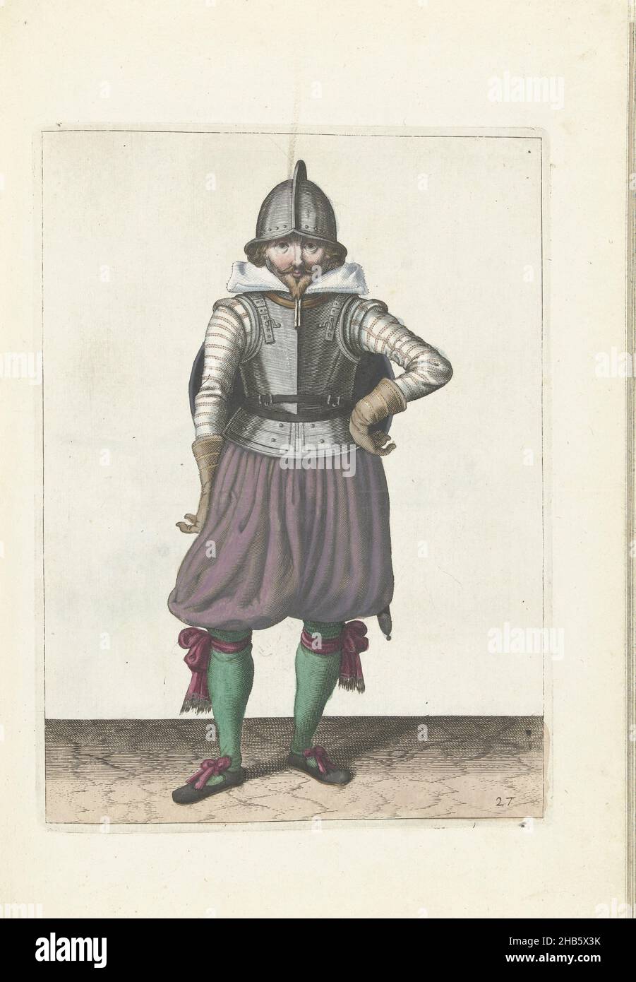 Die Übung mit Schild und Speer: Der Soldat steht in Ruhe mit dem Schild auf dem Rücken (nein 27), 1618, die Übung mit Schild und Speer: Der in Ruhe stehende Soldat mit dem Schild auf dem Rücken, 1618. Teil der Abbildungen in: Adam van Breen, Nassauische Waffenhandel, 1618, Plattennr 27. Kriegsführung um 1600., Adam van Breen, Druckerei: Anonymous, Nordniederland, 1616 - 1618, Papier, Gravur, Höhe 260 mm × Breite 190 mm Stockfoto